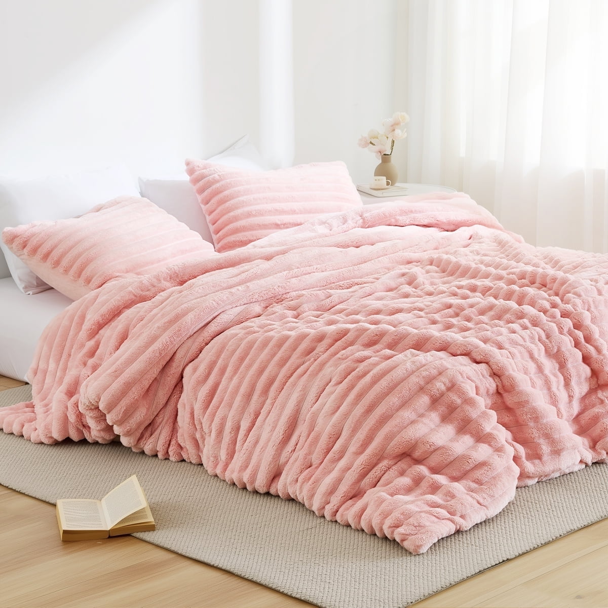Full/Queen Size Comforter Set, Fluffy Ribbed Plush Comforter Set, 3-Piece Bedding Set, Pink