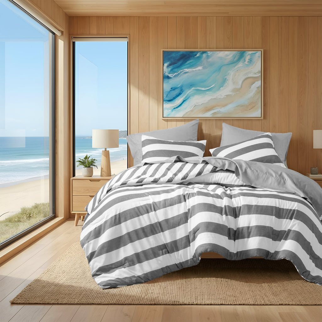 Regency Heights Full/Queen Size Comforter Sets, 3-Piece Bedding Set Full/Queen, Reversible Striped Comforter Bed Set, Charcoal