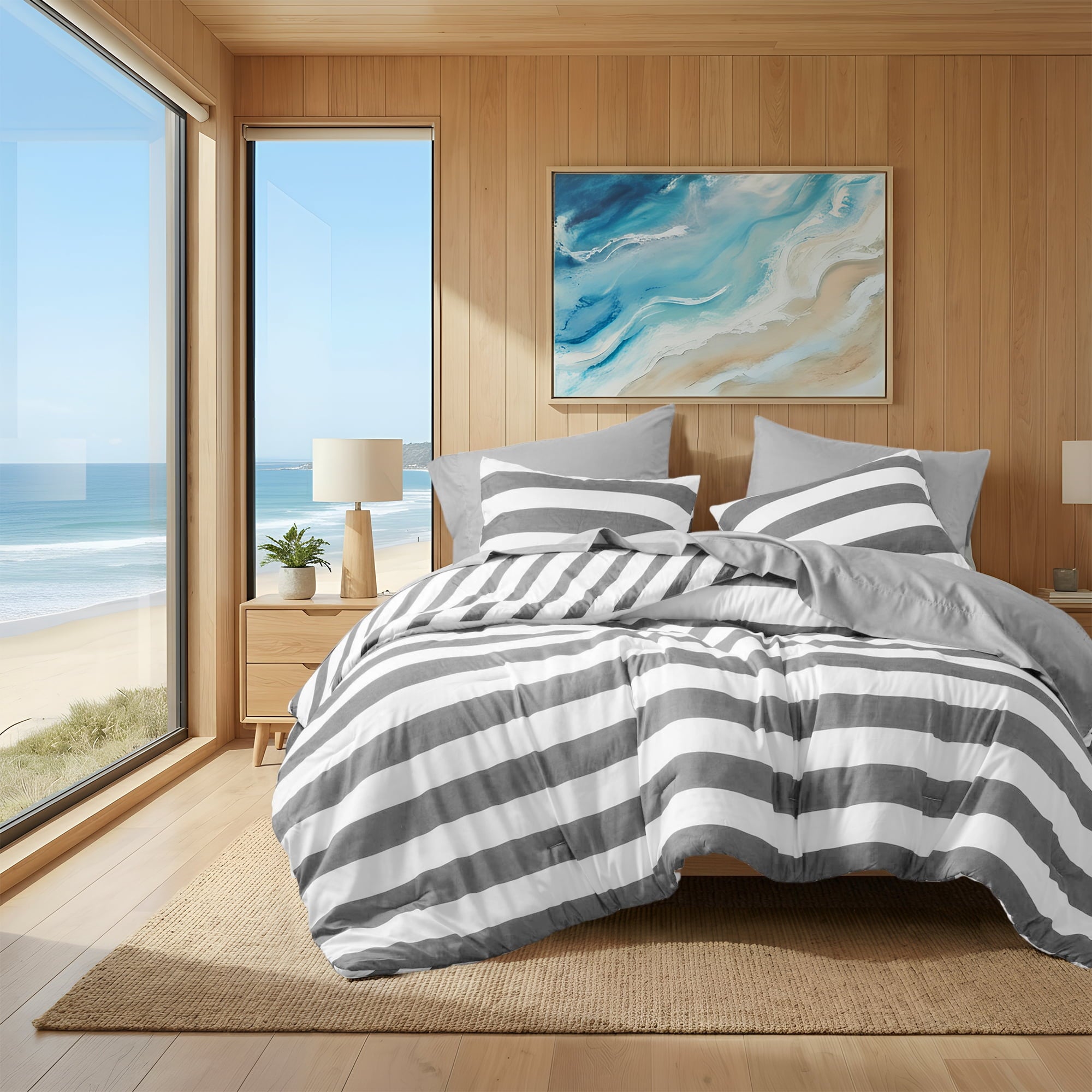 Regency Heights Full/Queen Size Comforter Sets, 3-Piece Bedding Set Full/Queen, Reversible Striped Comforter Bed Set, Charcoal