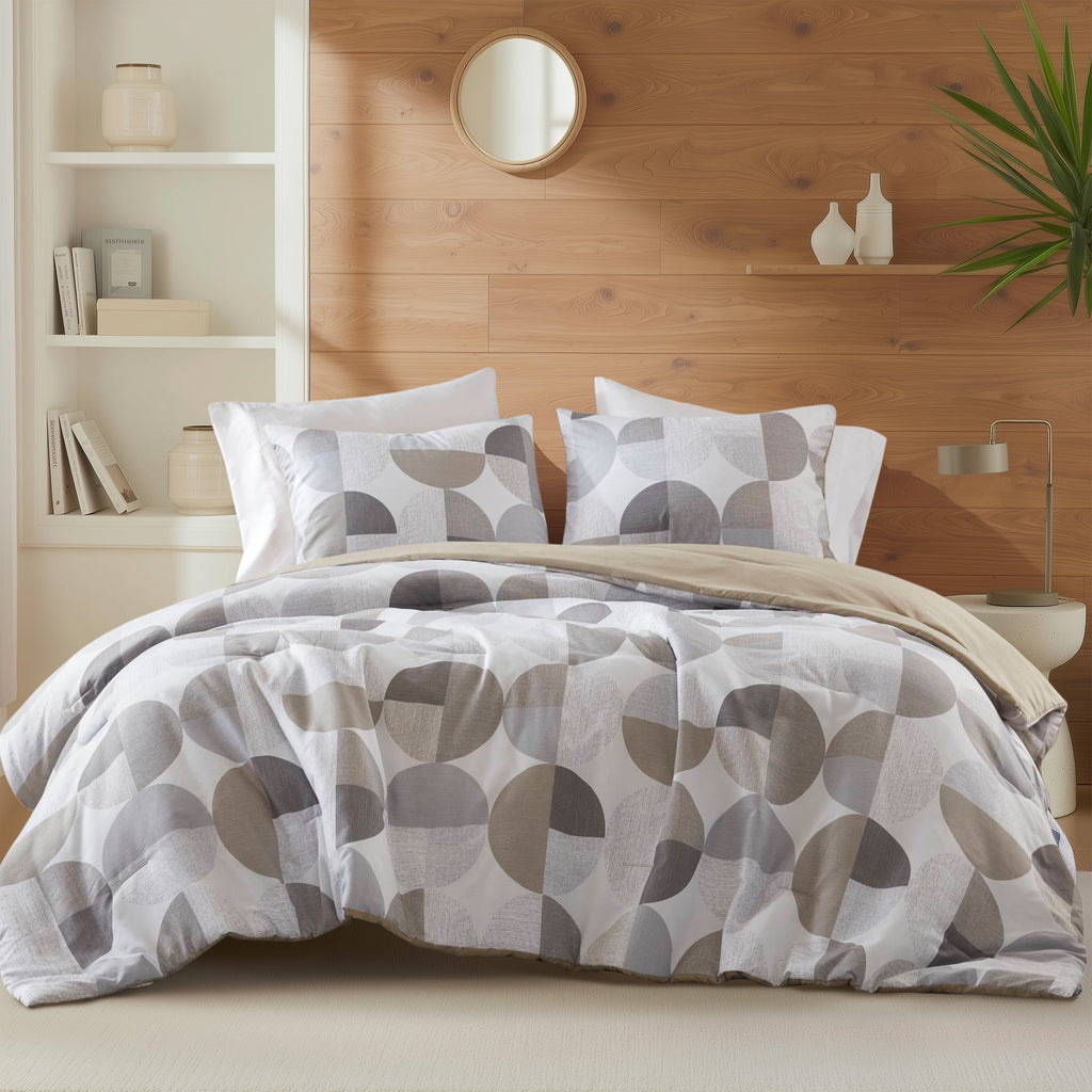 Full/Queen Size Comforter Set, Tan/Gray Bedding Set for All Seasons, 3-Piece Round Geometric Print Bedding Comforter Set