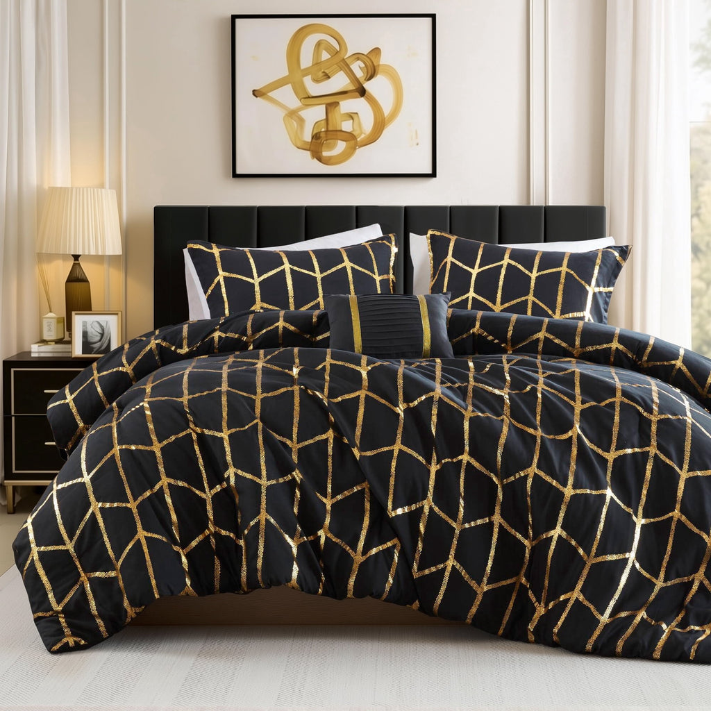 Full/Queen Size Comforter Set, 4-Piece Bedding Set for All Seasons, Geometric Metallic Comforter Bed Set with Decor P...