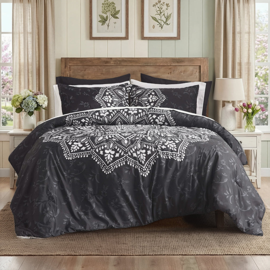 Queen Comforter Set, Bedding Comforter Set Queen Size W/ Side Pockets, Black, 9 Pieces