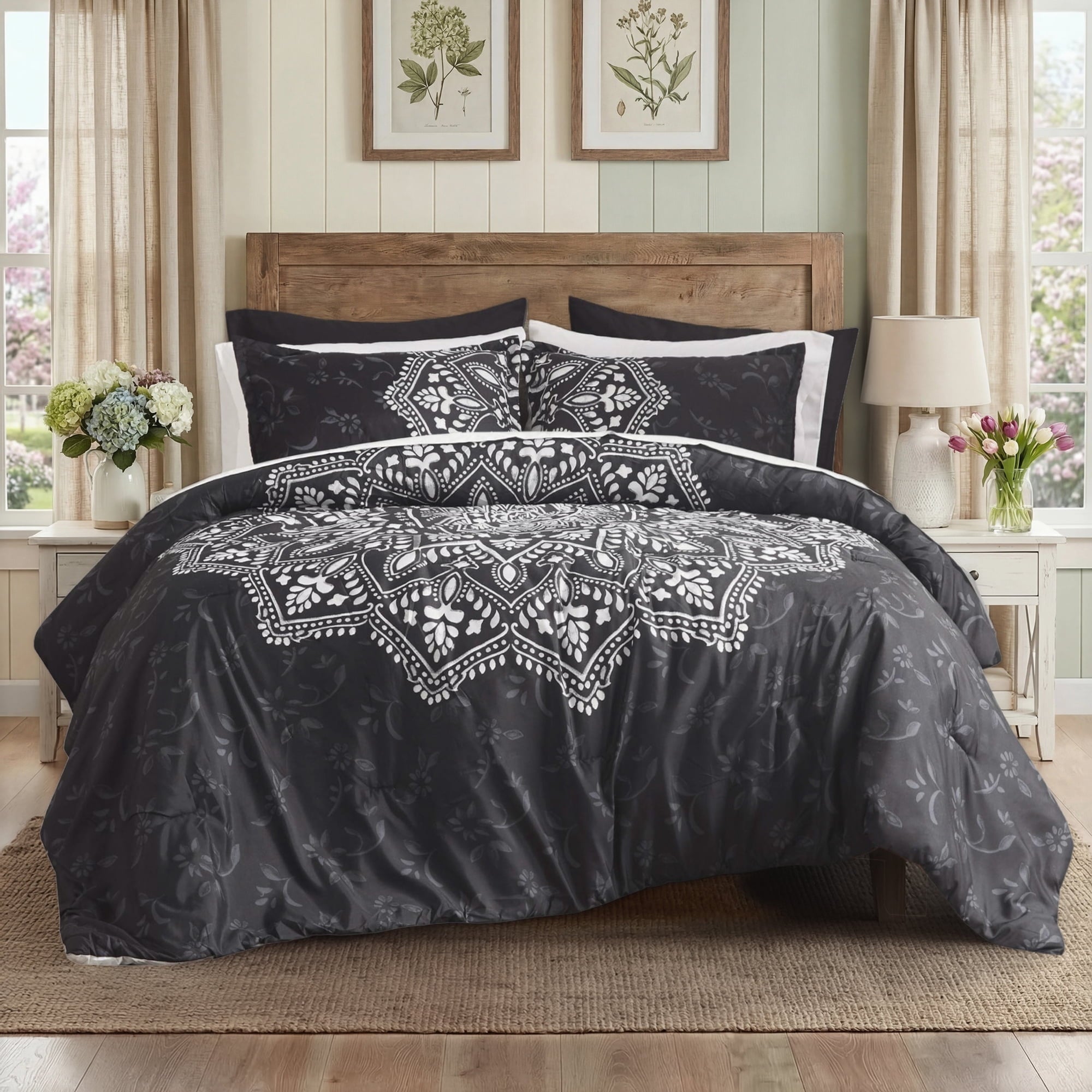 Queen Comforter Set, Bedding Comforter Set Queen Size W/ Side Pockets, Black, 9 Pieces