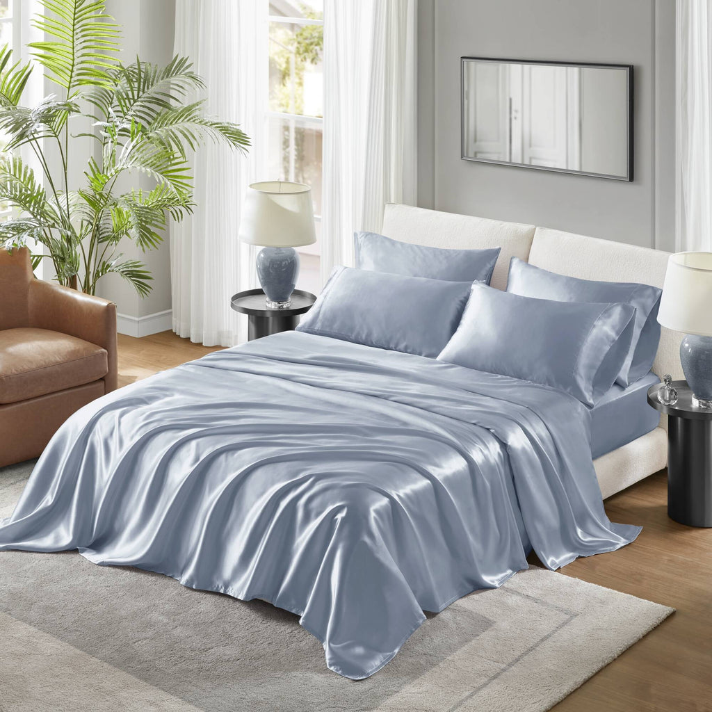 Satin Sheet Set, Twin Bed Sheets with Pillowcases, 4-Piece Luxury Silky Sheet Set, Blue, Gifts for Women