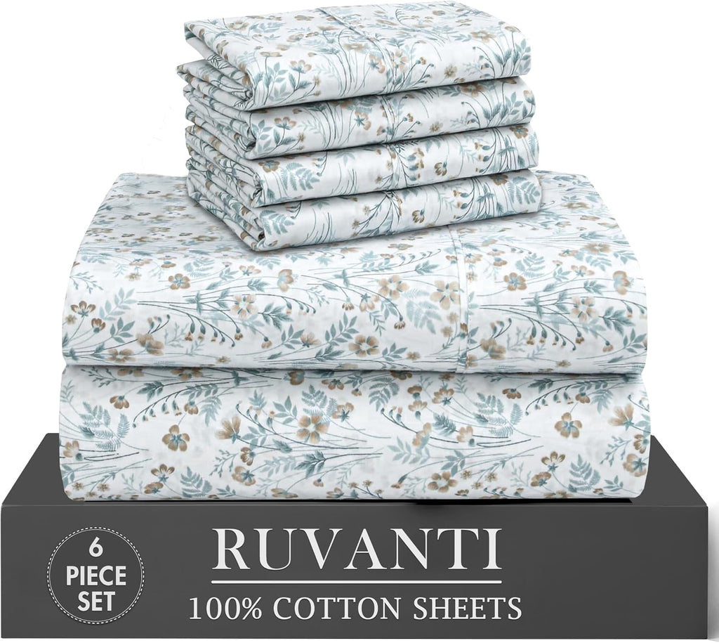 6 Pcs Cotton Sheets - 100% Natural Cotton Soft, Lightweight & Breathable Crispy Percale Bed Sheets, King Size Sheets ...