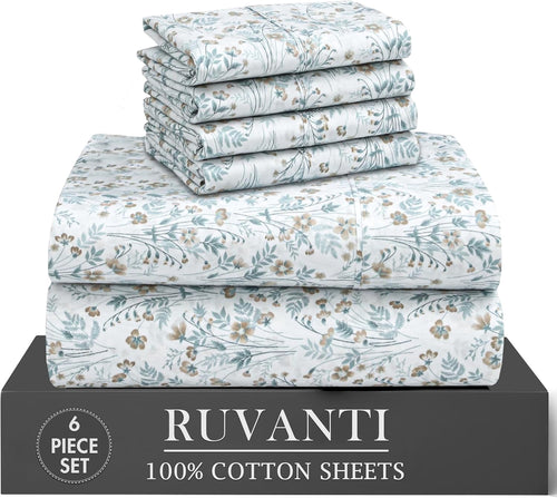 6 Pcs Cotton Sheets - 100% Natural Cotton Soft, Lightweight & Breathable Crispy Percale Bed Sheets, King Size Sheets ...