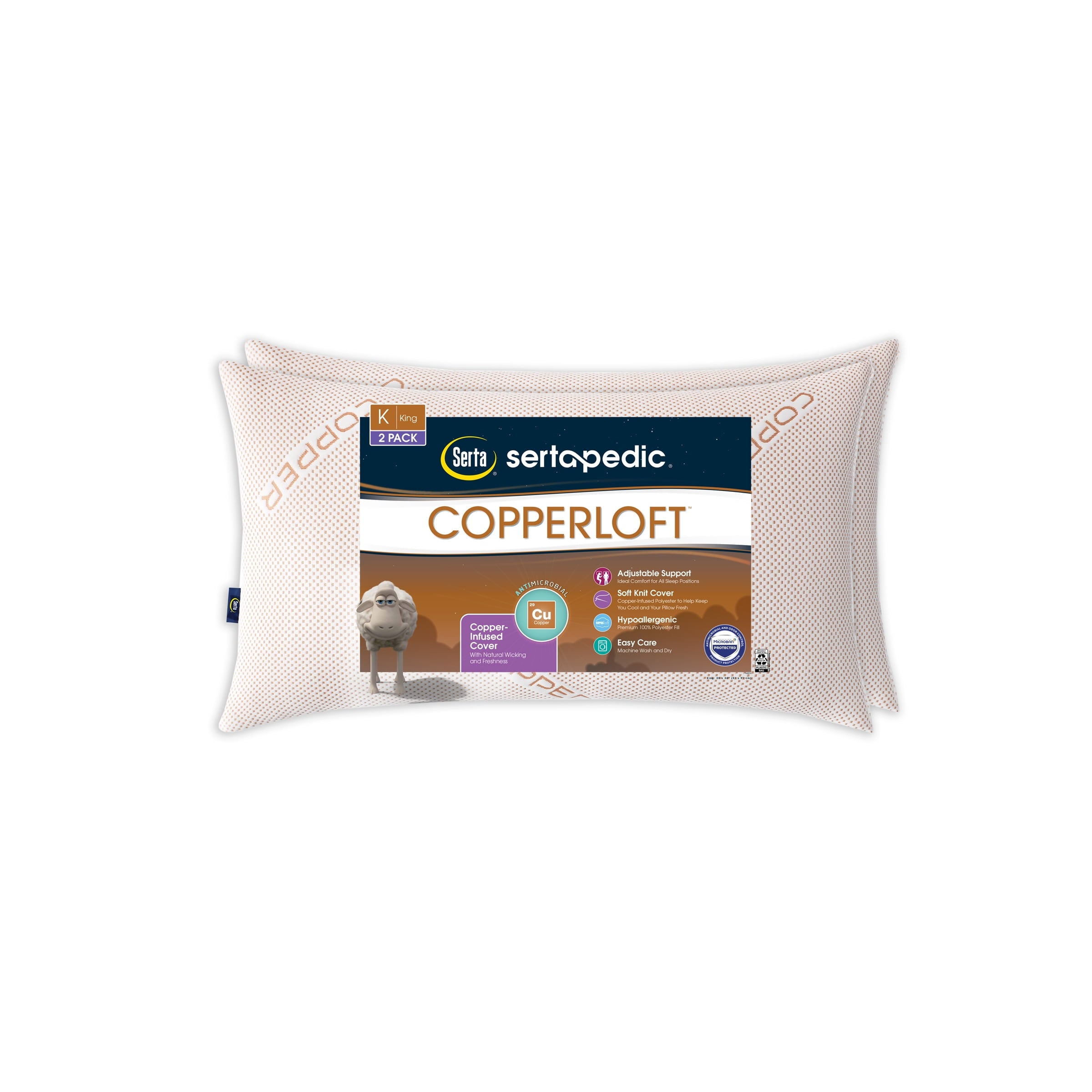 pedic Copperloft King Bed Pillow, 2 Pack, Hypoallergenic