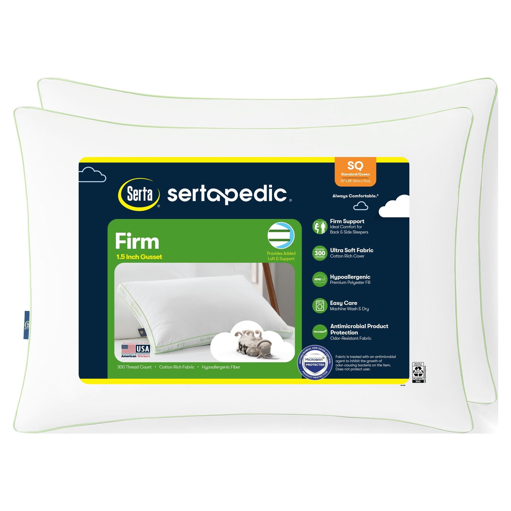pedic Firm Bed Pillow, Standard/Queen, 2 Pack