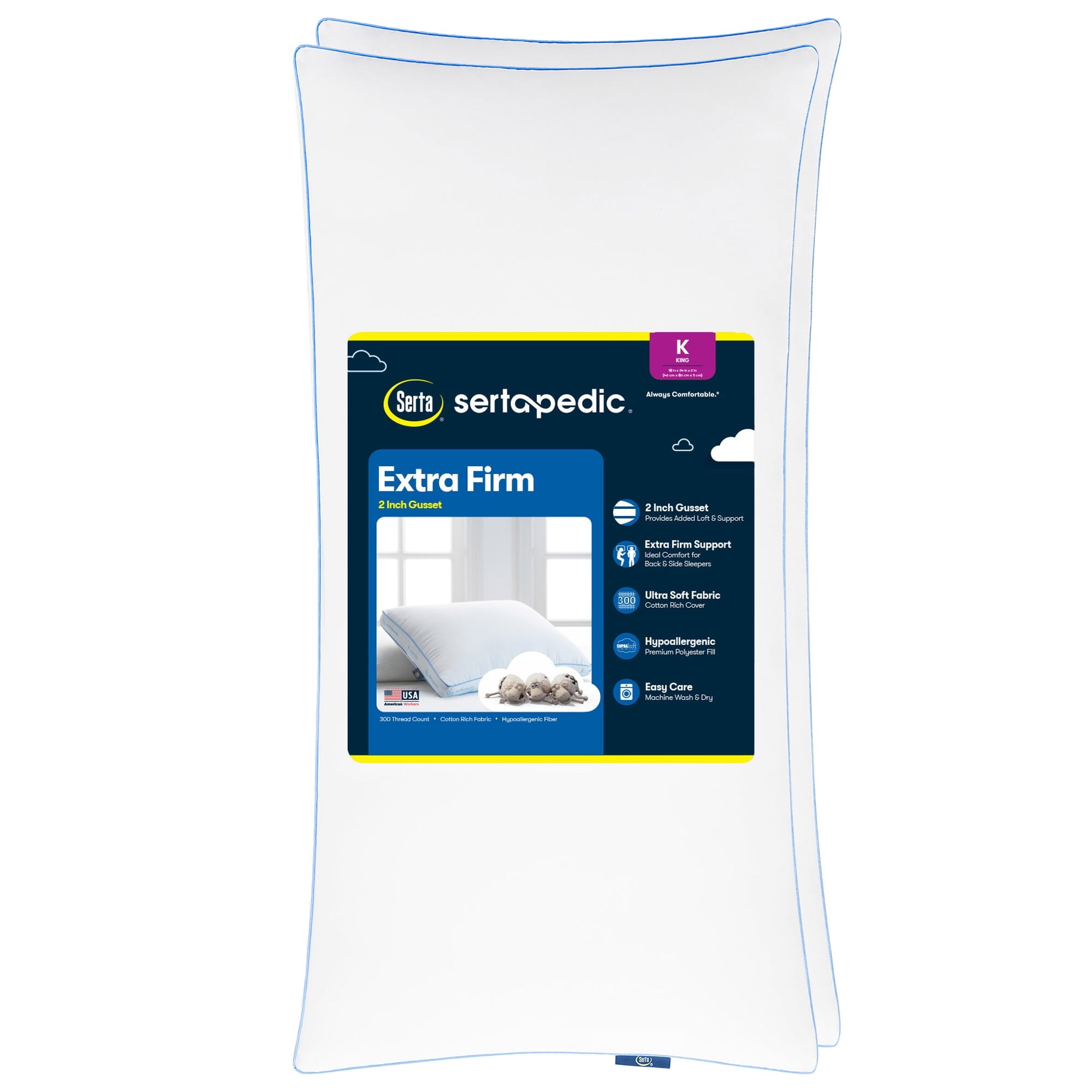 Sertapedic Extra Firm Bed Pillow, King, 2 Pack, Hypoallergenic
