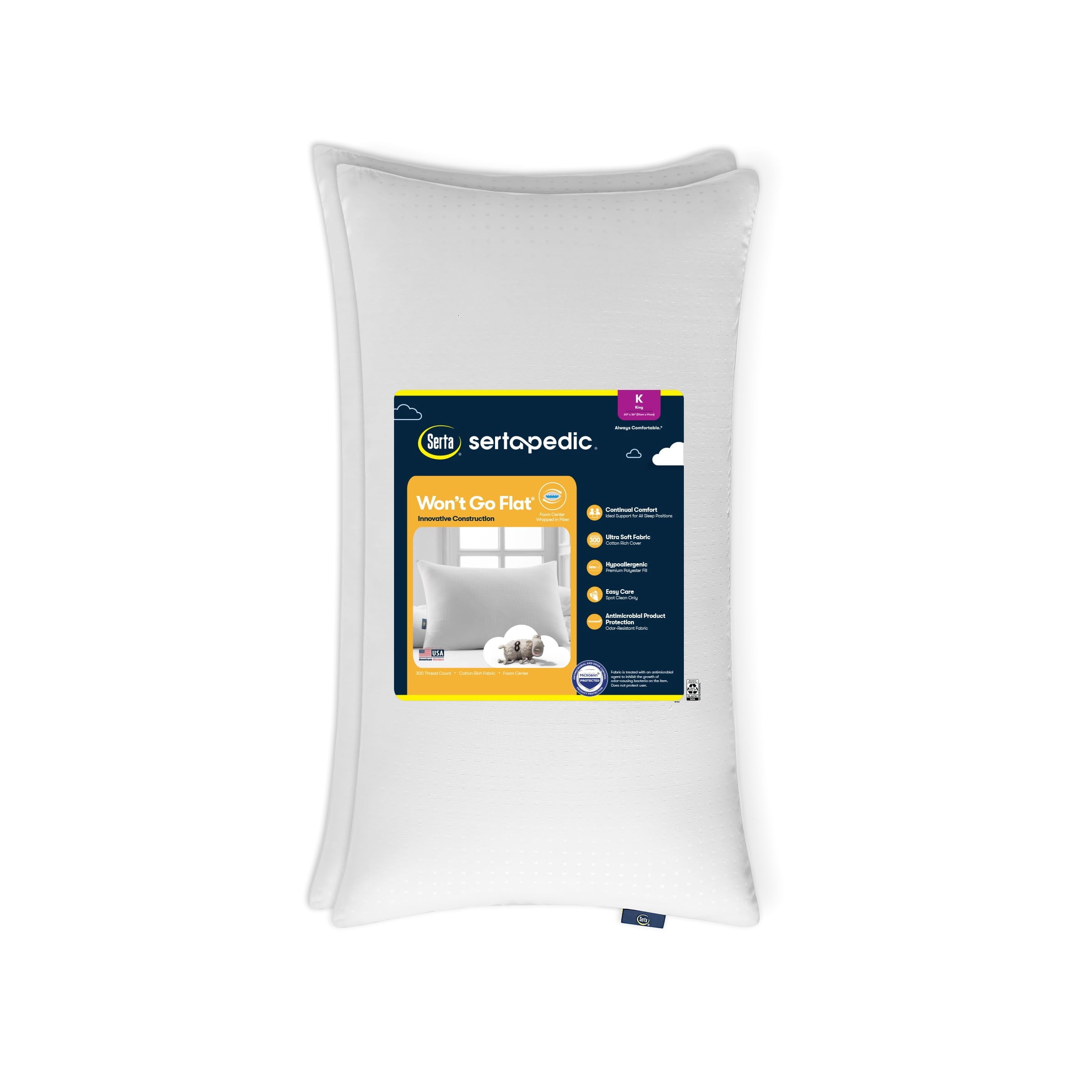 pedic Won't Go Flat Bed Pillow, King, 2 Pack