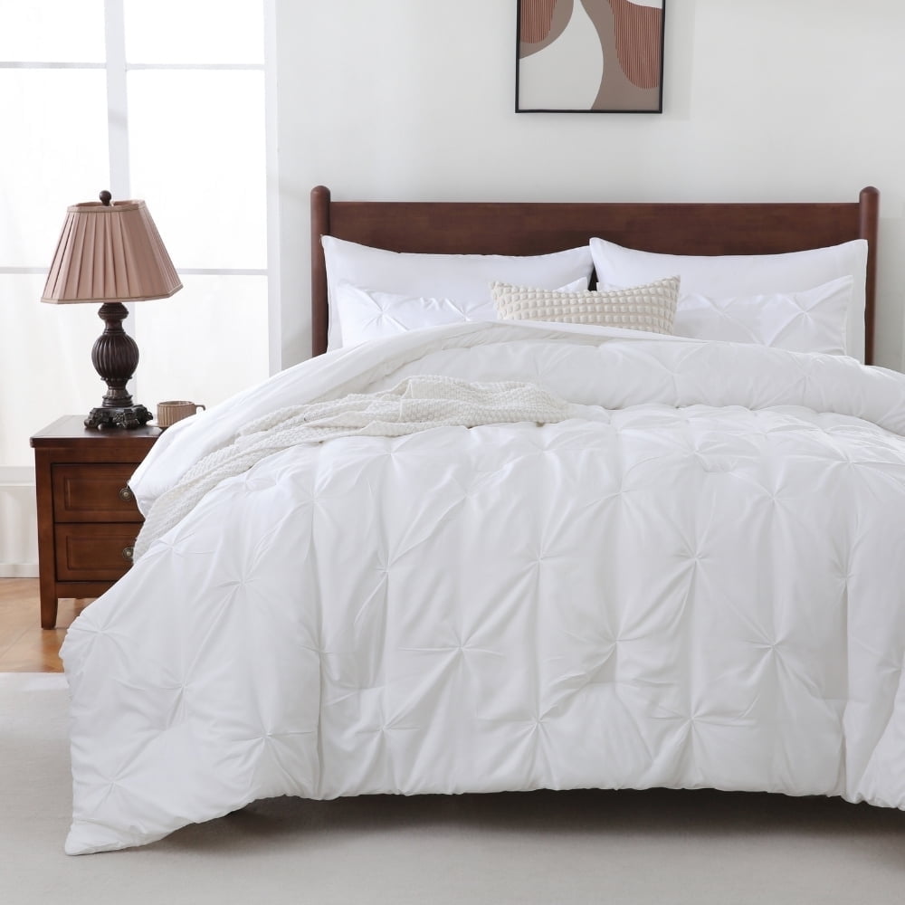 7 Pieces Pinch-Pleated Comforter Set, White Queen Size