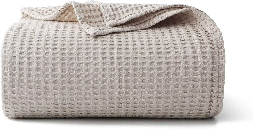 Shunjie.Home 100% Cotton Waffle Bed Blanket King Size, Throw Blanket for Couch All Seasons (Beige, 104x90)