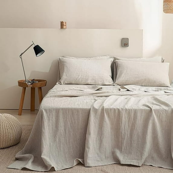 100% Linen Sheet Set Solid Color-4 Pcs Washed French Linen Bed Sheets(1 Flat Sheet,1 Fitted Sheet,2 Pillowcases)-Brea...