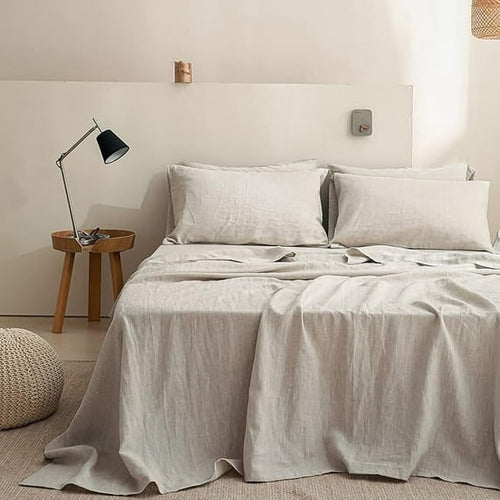 100% Linen Sheet Set Solid Color-4 Pcs Washed French Linen Bed Sheets(1 Flat Sheet,1 Fitted Sheet,2 Pillowcases)-Brea...