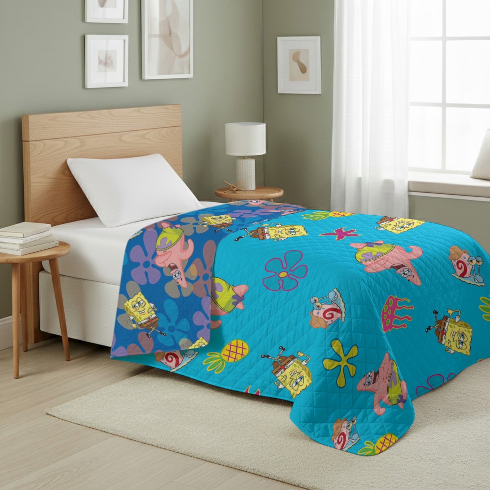Spongebob Tropical Waltz Quilted Throw Blanket 60x80 inches, Kids Character Bedding