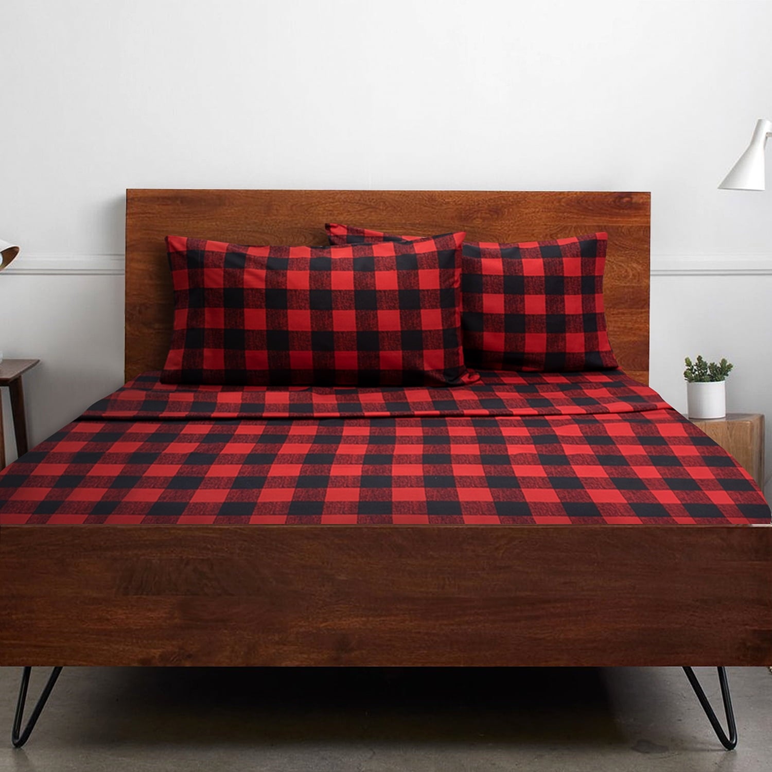 Buffalo Plaid Black and Red 4 Piece Bed Sheet Set - Twin