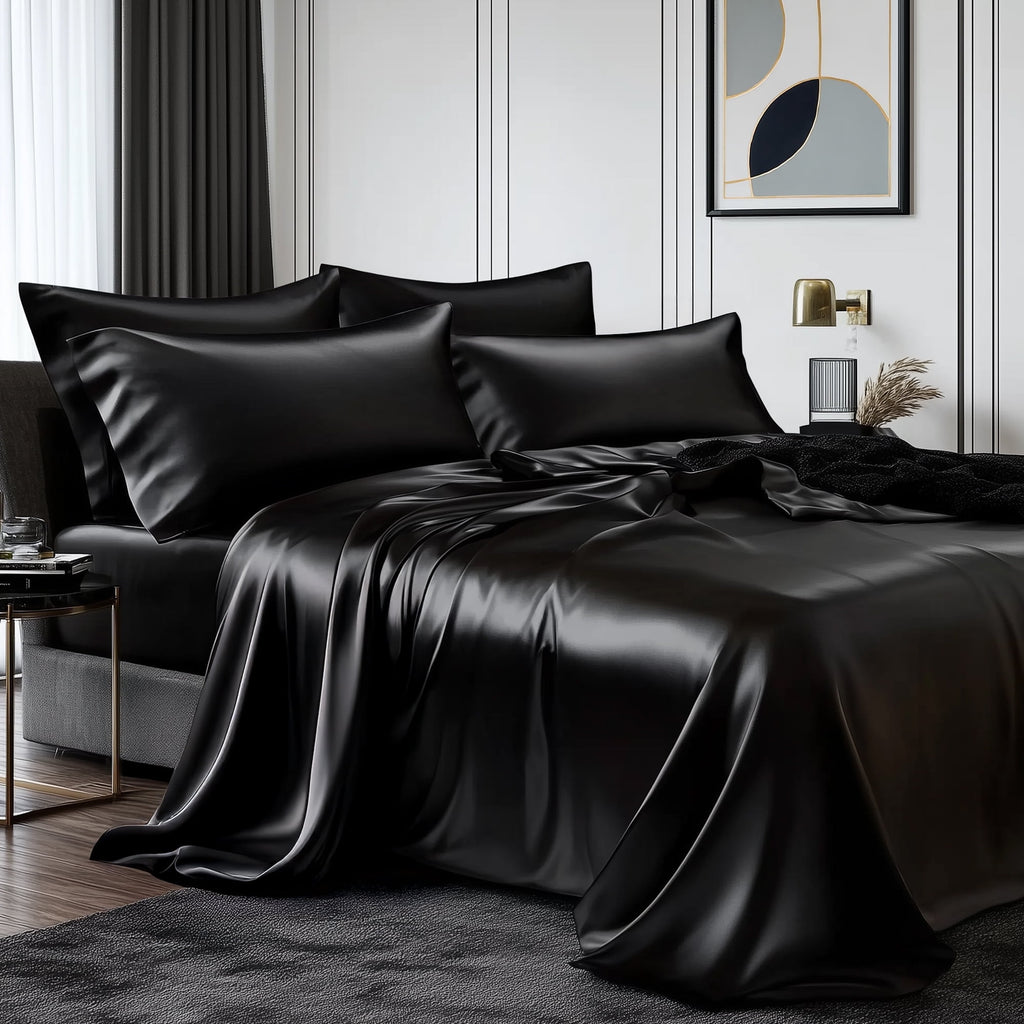 Queen Silk Black Bed Sheet Set,4 Pieces 1800 Microfiber 2 Pillowcase 20"x30"