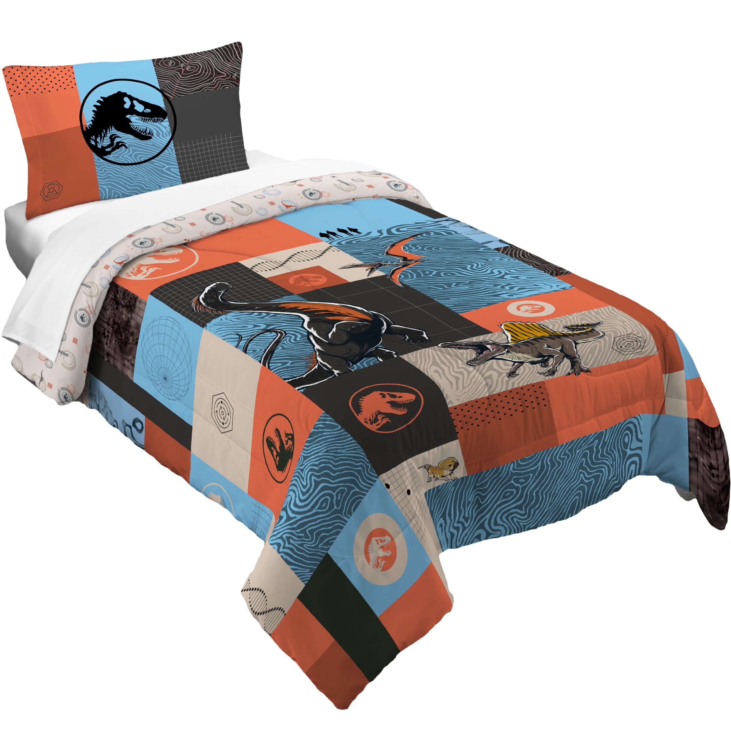 Kids 2 Piece Blue Orange Reversible Dinosaur Comforter and Pillowcase set, Twin/full