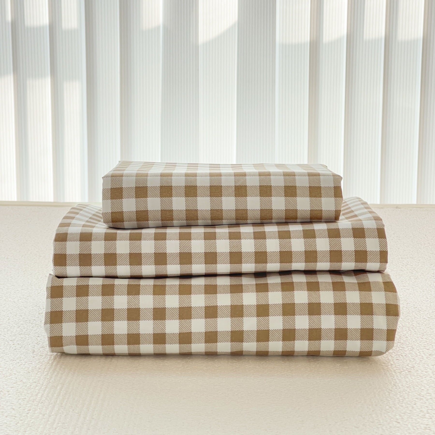 Sheet Set, Soft Brushed Microfiber Taupe Plaid Sheets, 4-Piece Brown Grid Set with Deep Pocket