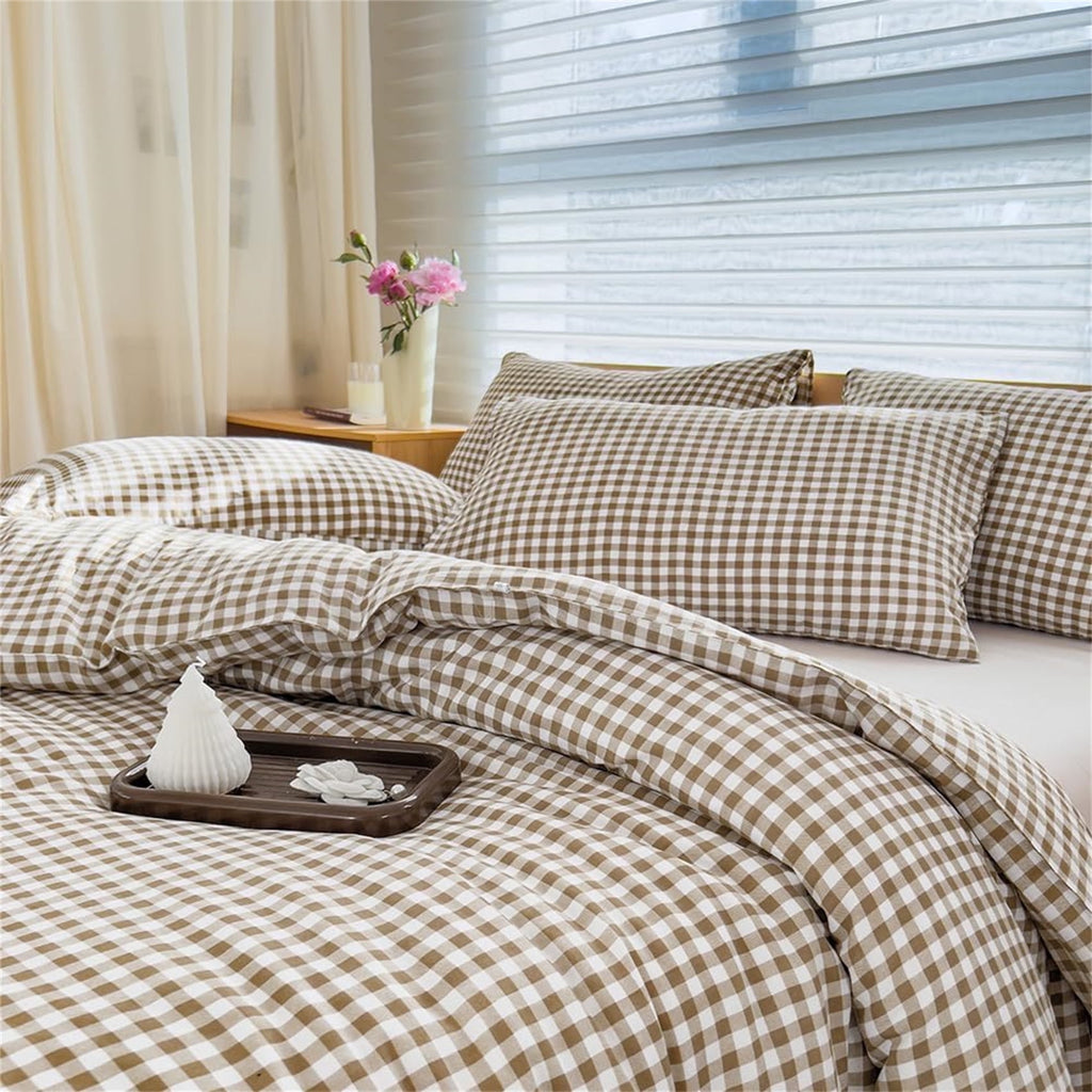 Tan Gingham Queen Comforter Set, Taupe Plaid Bedding Set, Checked Bed Comforter 3 Pieces(Tan Gingham, Queen)