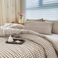 Tan Gingham Queen Comforter Set, Taupe Plaid Bedding Set, Checked Bed Comforter 3 Pieces(Tan Gingham, Queen)