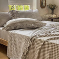 Tan Gingham Ruffle Queen Sheet Set, Taupe Soft Pre-Washed Microfiber Plaid Ruffled Queen Bed Sheets, 4-Pieces Farmhouse Sheet Set with Deep