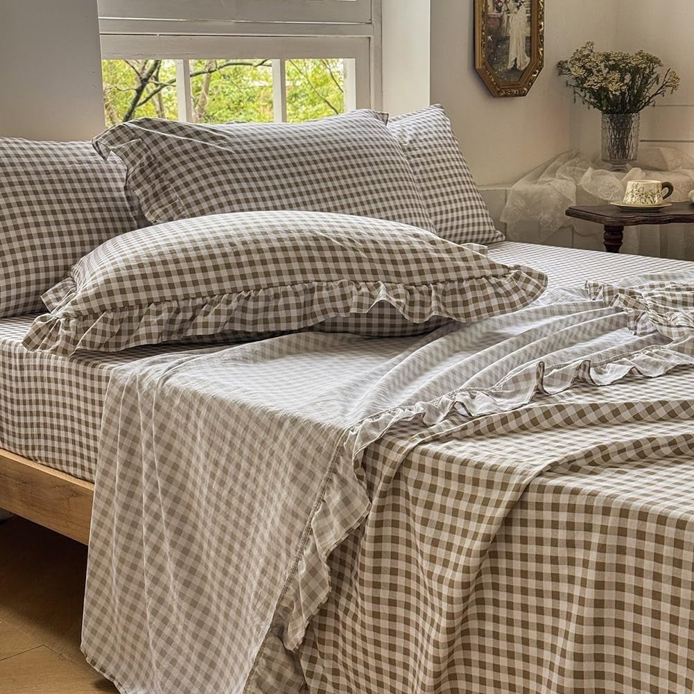 Tan Gingham Ruffle Queen Sheet Set, Taupe Soft Pre-Washed Microfiber Plaid Ruffled Queen Bed Sheets, 4-Pieces Farmhouse Sheet Set with Deep