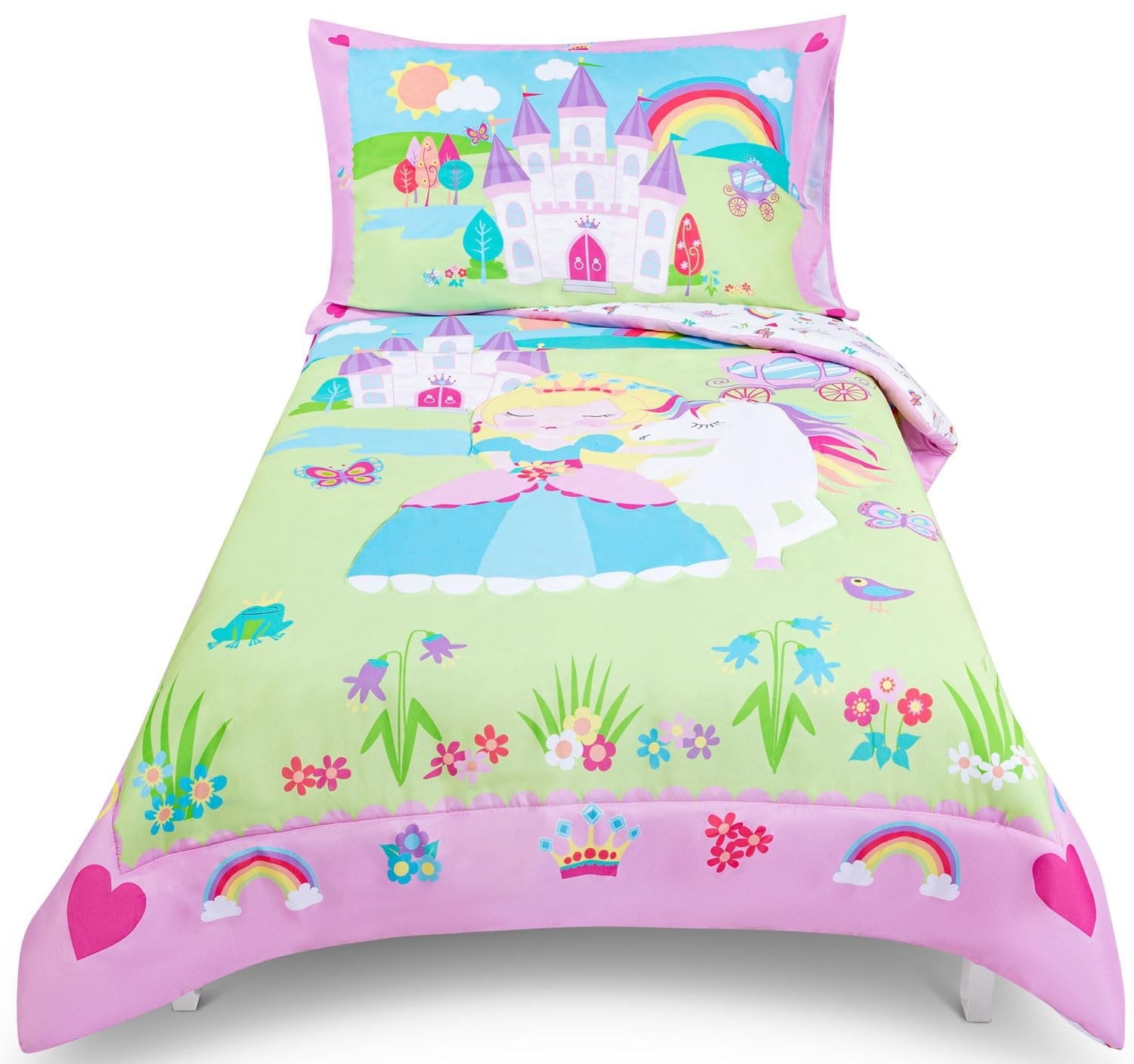 Princess Toddler Bedding Set for Girls - 4-Piece Toddler Bed Comforter Sets for Girls, Reversible Comforter & Pillowc...