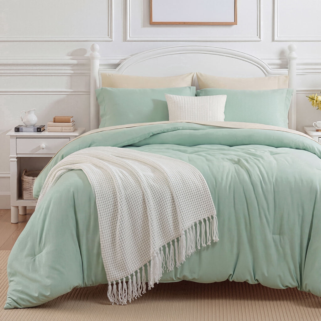 Queen Comforter Set Sage Green, 7 Pieces Lightweight Queen Bedding Sets, Contrasting Design