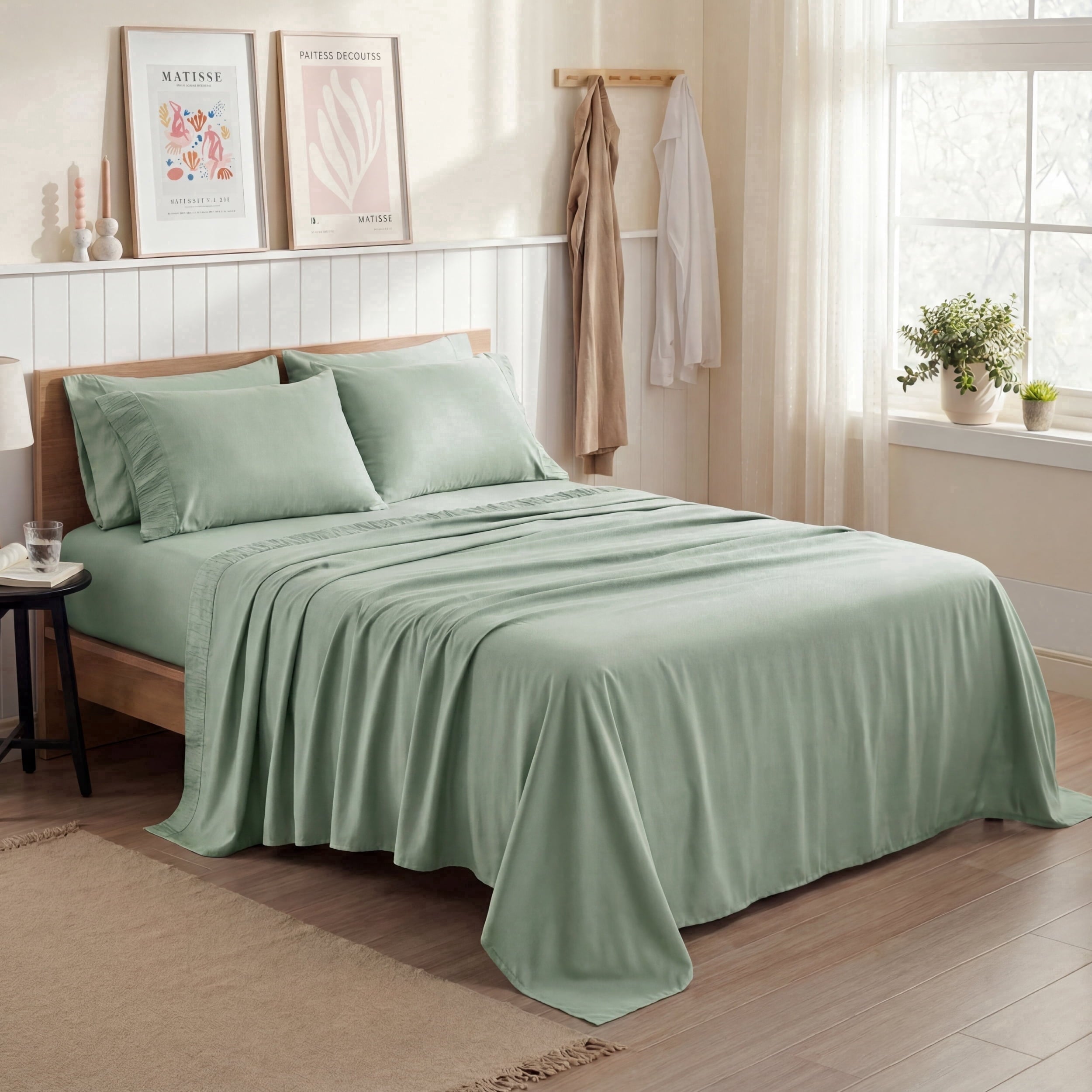 Queen Sheets Set, 4 Pieces Deep Pockets Cooling Soft Polyester Microfiber Bed Sheets Set, Sea Foam Green