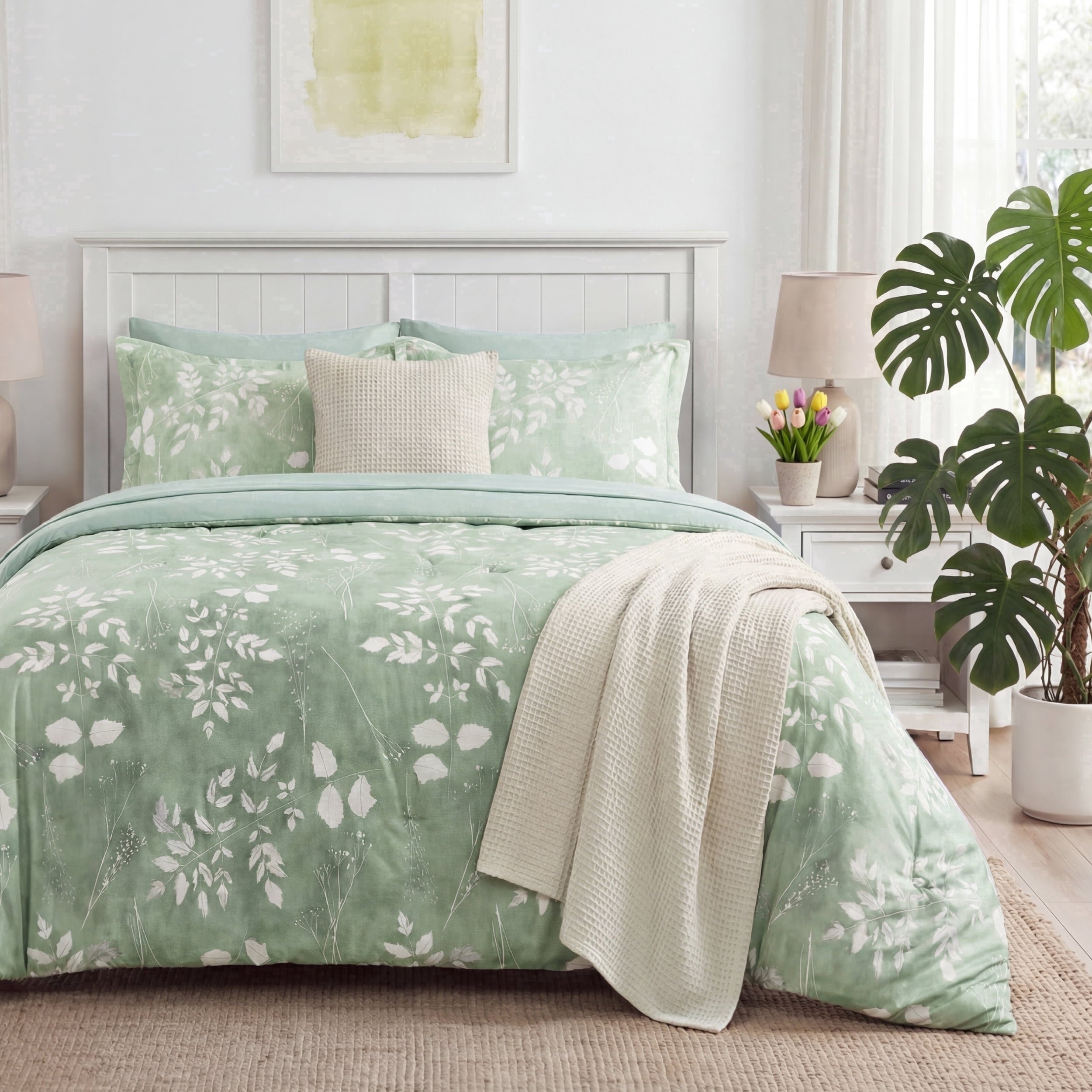 Queen Comforter Set Sage Green, Bed in a Bag Queen Size Bedding, 7-Pieces Botanical Flowers Spring Comforter, Sheets,...