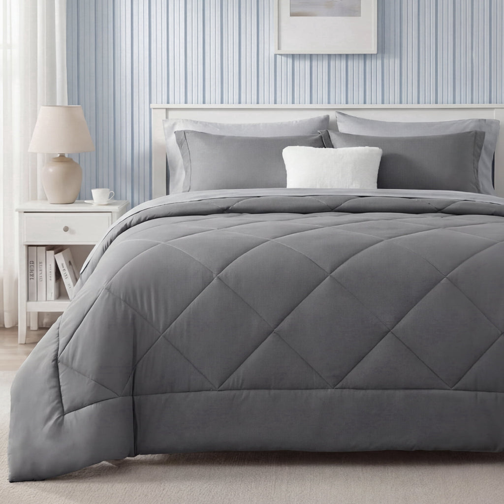 Queen Reversible Comforter Set - 7 Pieces Grey Bedding, Bed in a Bag with Alternative Comforter, Sheets, Pillowcases ...