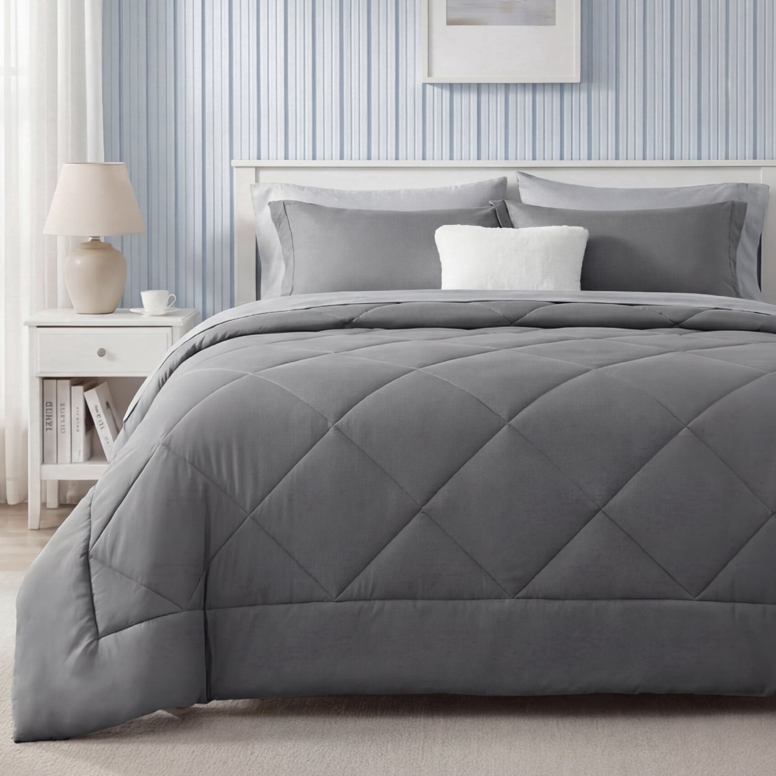 Queen Reversible Comforter Set - 7 Pieces Grey Bedding, Bed in a Bag with Alternative Comforter, Sheets, Pillowcases ...