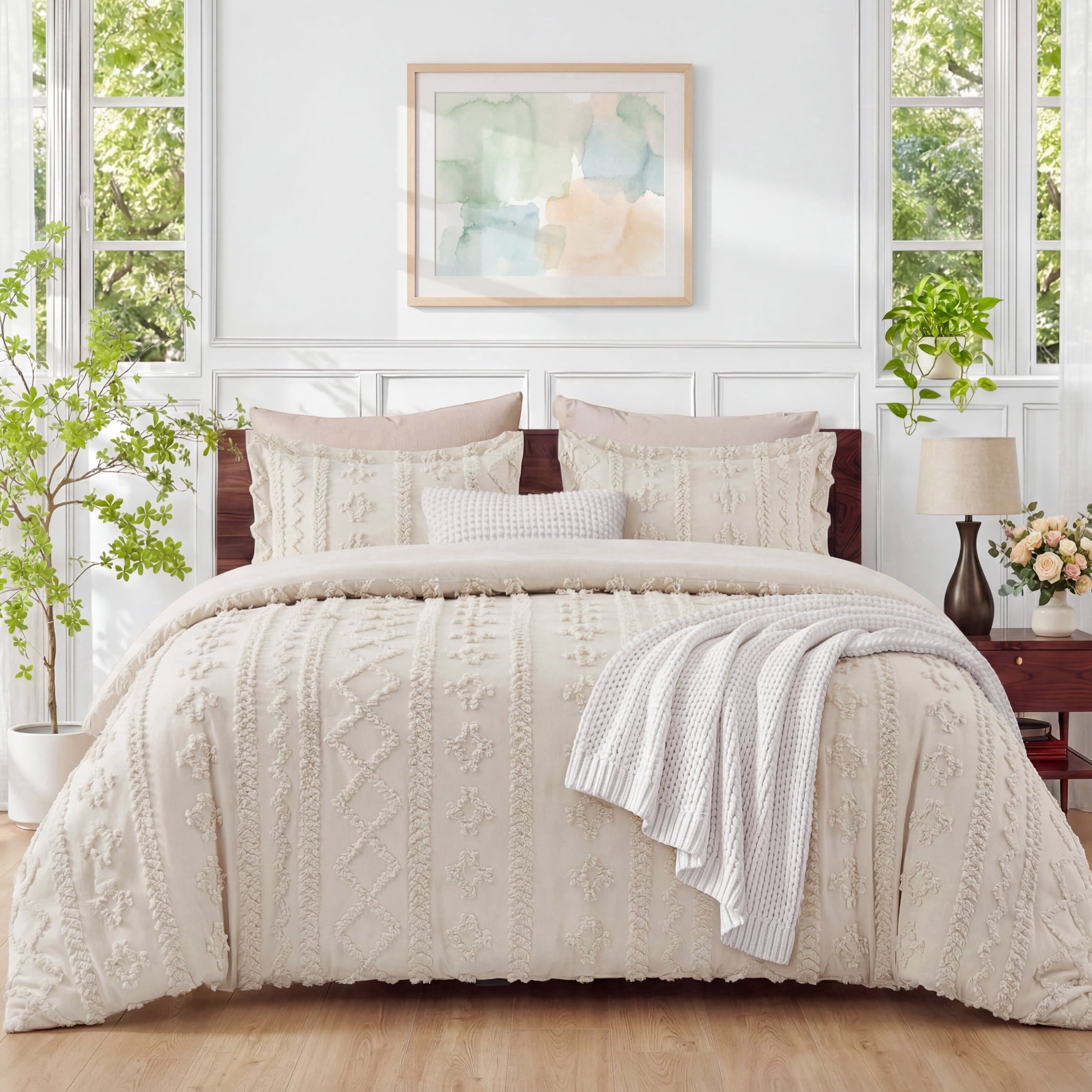 Tufted Boho Comforter Set Queen, Beige, 3 Pieces Farmhouse Shabby Chic Embroidery Bedding Set, Soft Jacquard Comforte...