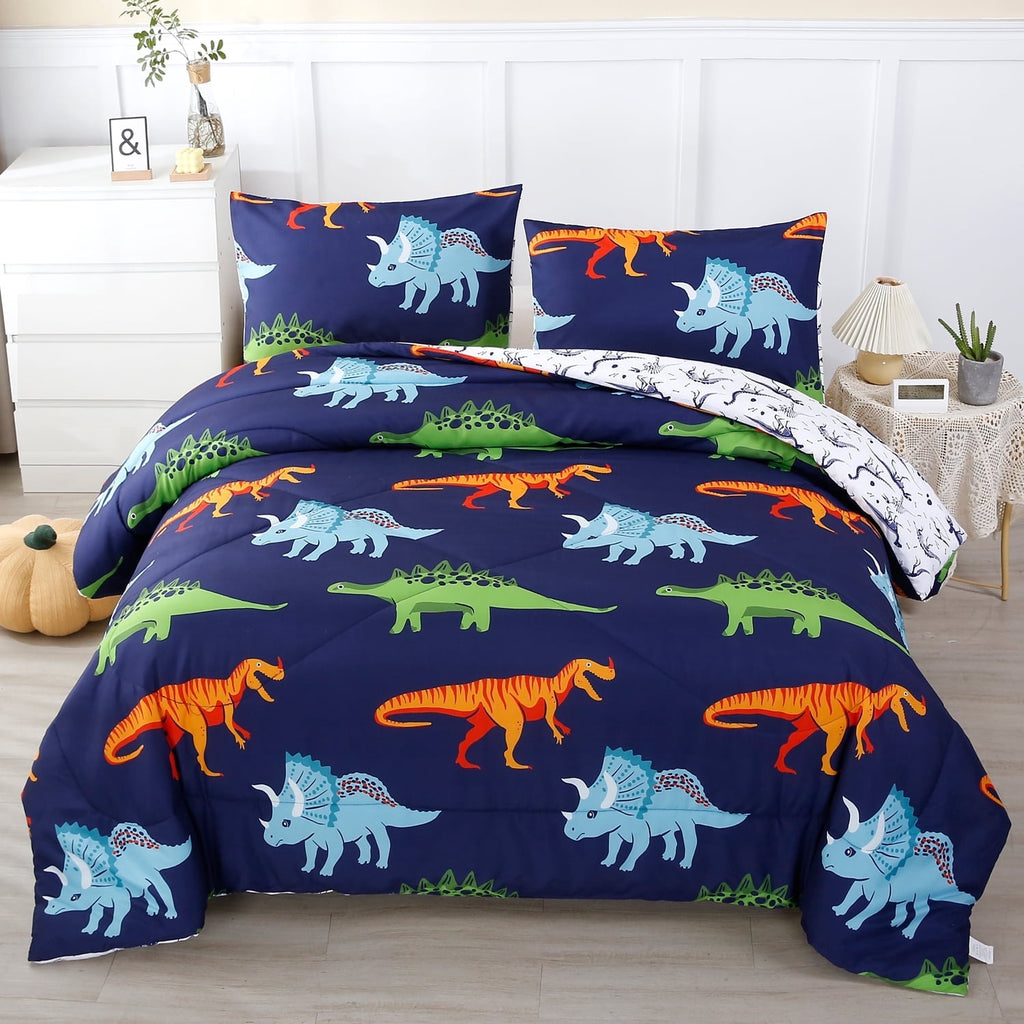 3 Pcs Dinosaur Twin Size Bedding Sets for Boys, Dinosaur Printing Boys Comforter Set, Blue and White Reversible Bed C...