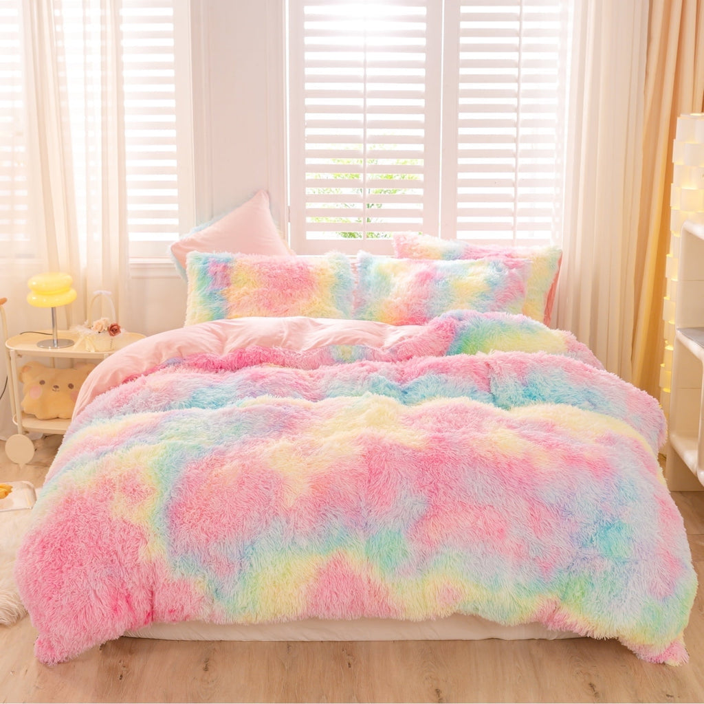 3Pcs Pink Faux Fur Twin Comforter Set for Girls Tie Dye Rainbow Kid Bed Set Plush Shaggy Bedding Sets Fuzzy Bed Comfo...