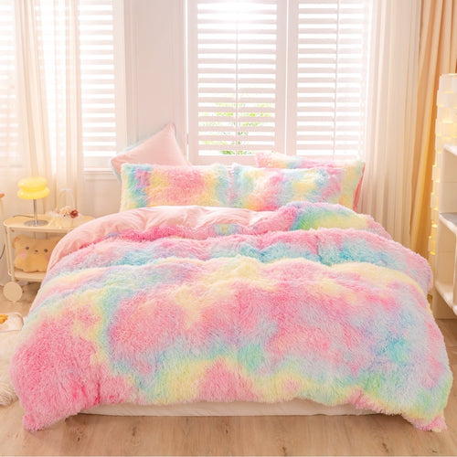 3Pcs Pink Faux Fur Twin Comforter Set for Girls Tie Dye Rainbow Kid Bed Set Plush Shaggy Bedding Sets Fuzzy Bed Comfo...