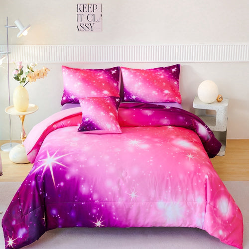 4Pcs Rainbow Twin Size Comforter Set for Girls, Pink Purple Gradient Glitter Kids Bedding Sets, Soft Galaxy Girls Bed...