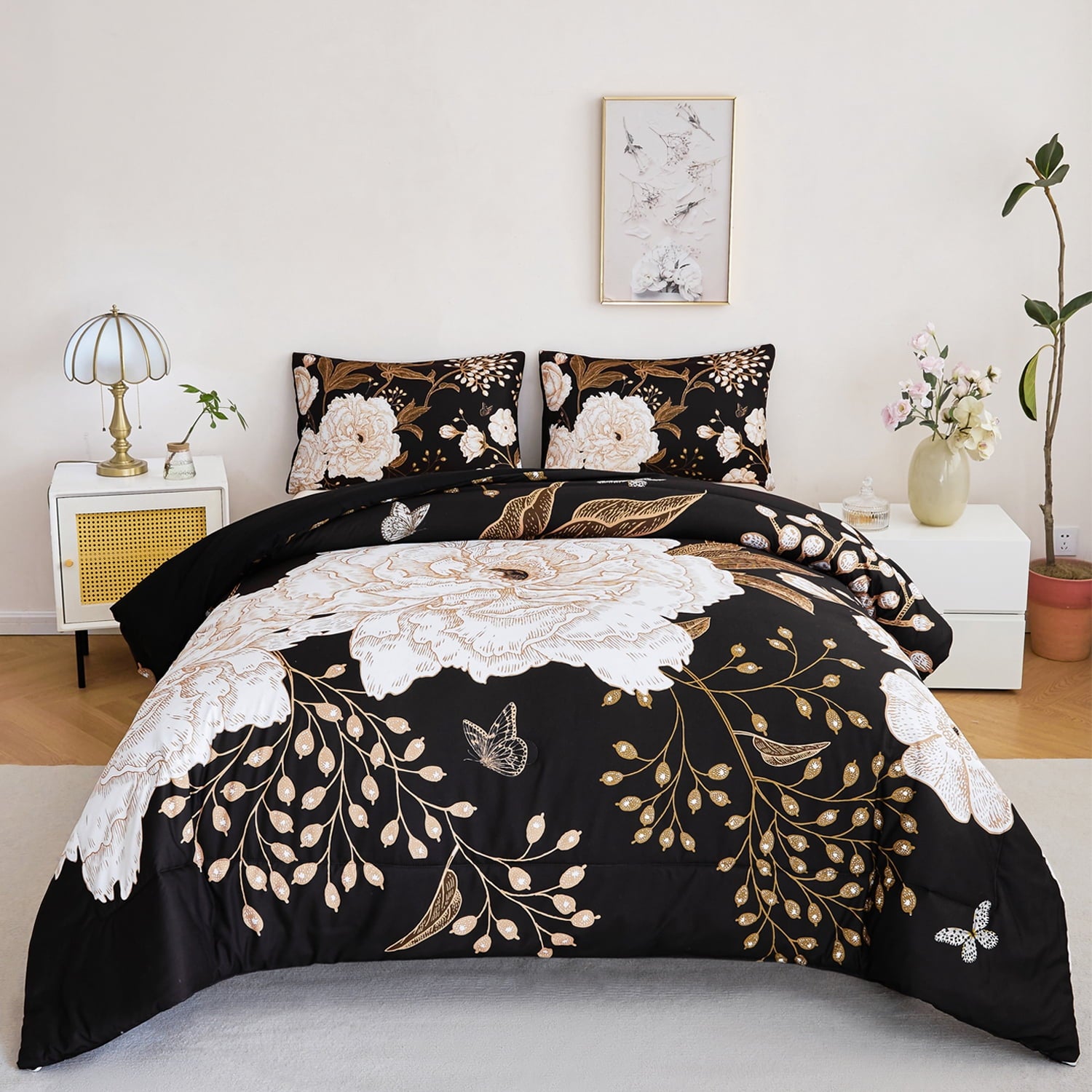 Black Floral Comforter Set Queen, Printed Comforter White Flowers Butterfly Bedding Set, 3 Pieces Botanical Reversibl...