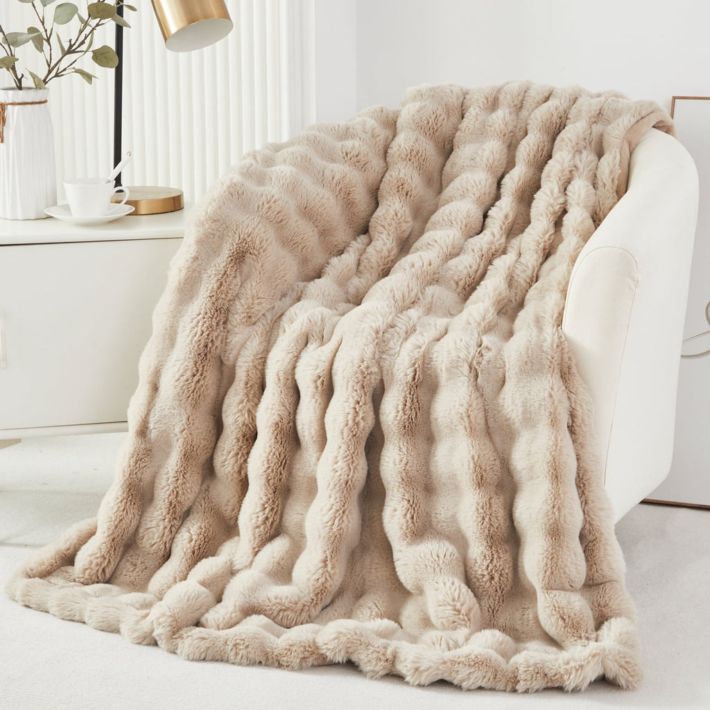 URBONUR Taupe Faux Fur Bubble Blankets for Couch Chair Sofa Luxury Fluffy Thick Bubble Throw Blanket Furry Blanket Fuzzy Soft Plush Shaggy T