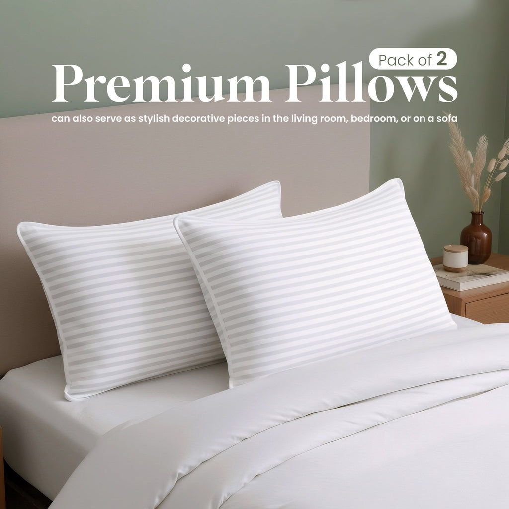 Bed Pillow with White Stripes - Set of 2 - Ultra Cozy & Relaxing For Adults, (Queen, 28"L x 20" W)