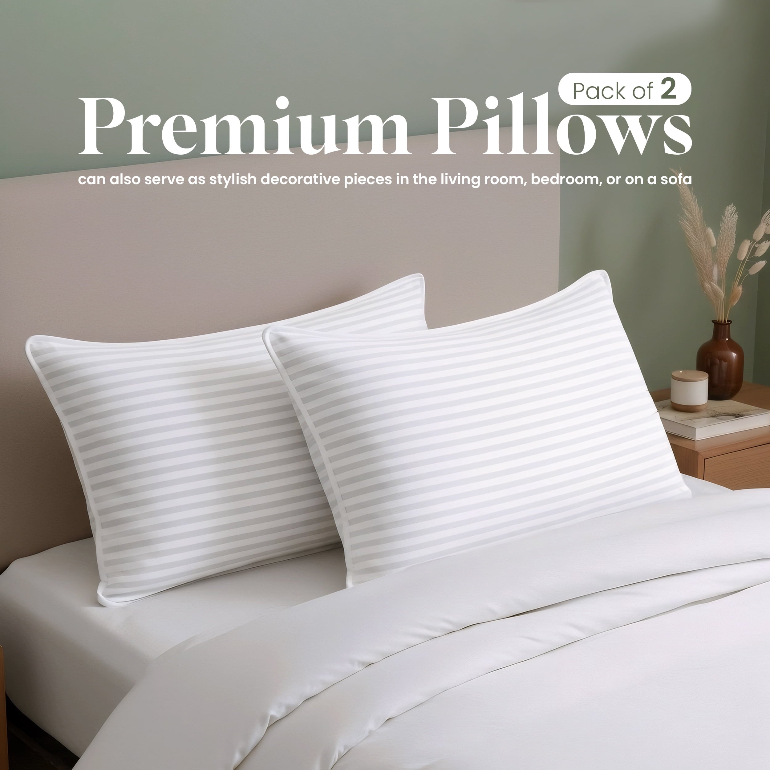 Bed Pillow with White Stripes - Set of 2 - Ultra Cozy & Relaxing For Adults, (Queen, 28"L x 20" W)