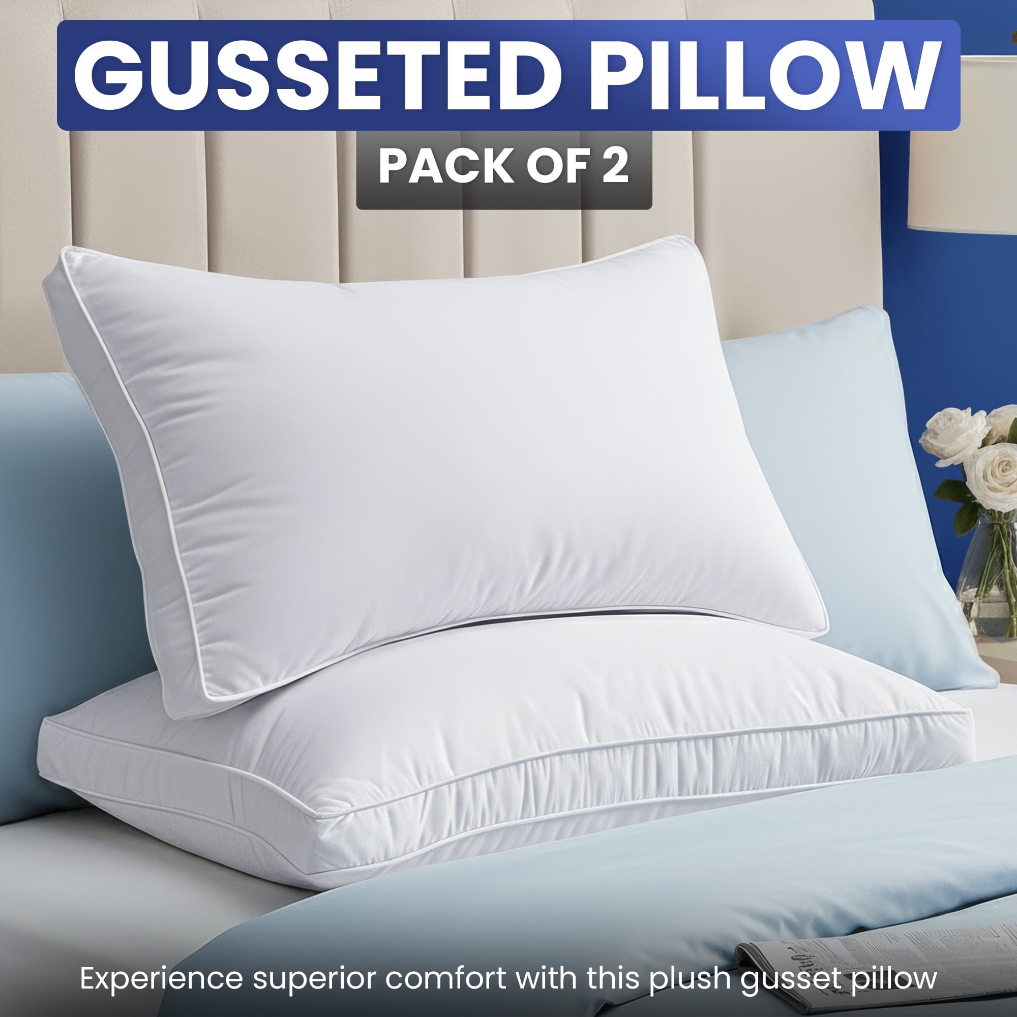 Queen Bed Pillow, 26"L x 18" W, Set of 2, Soft and High-Quality, Gusseted Pillow for All Sleep Positions (White)