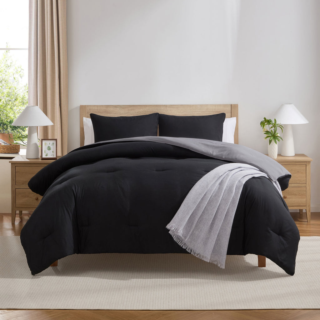 Comforter Sets, All Season Lightweight Reversible Queen Comforter Set, 3-Pc Bedding Sets, Black/Charcoal gray