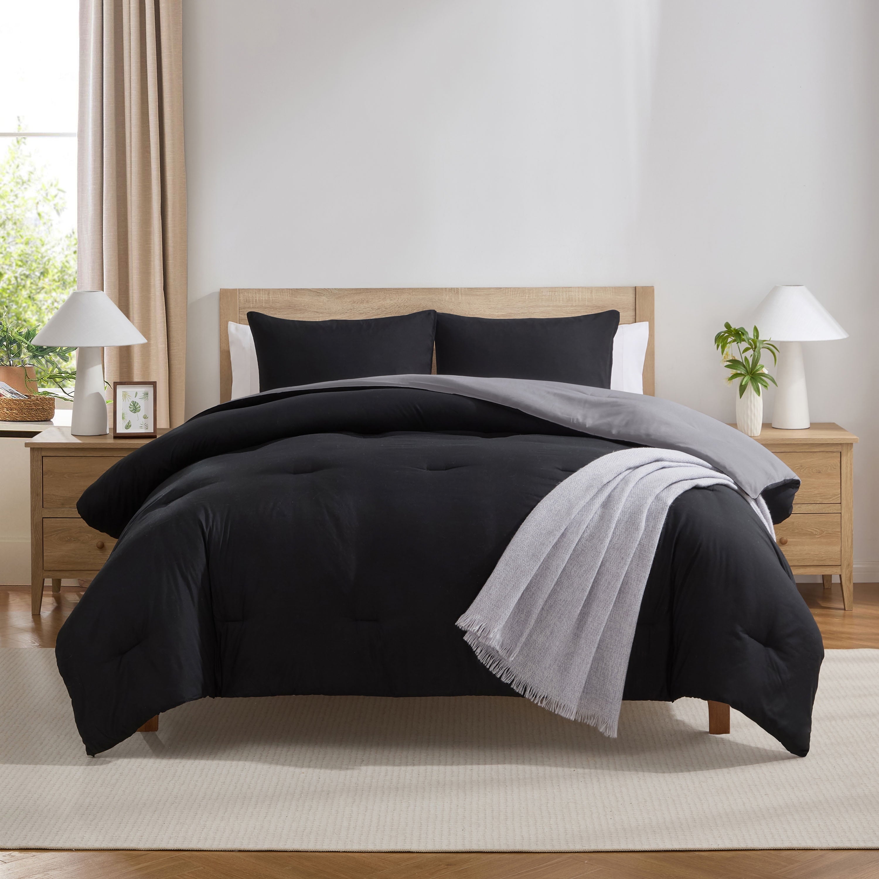 Comforter Sets, All Season Lightweight Reversible Queen Comforter Set, 3-Pc Bedding Sets, Black/Charcoal gray