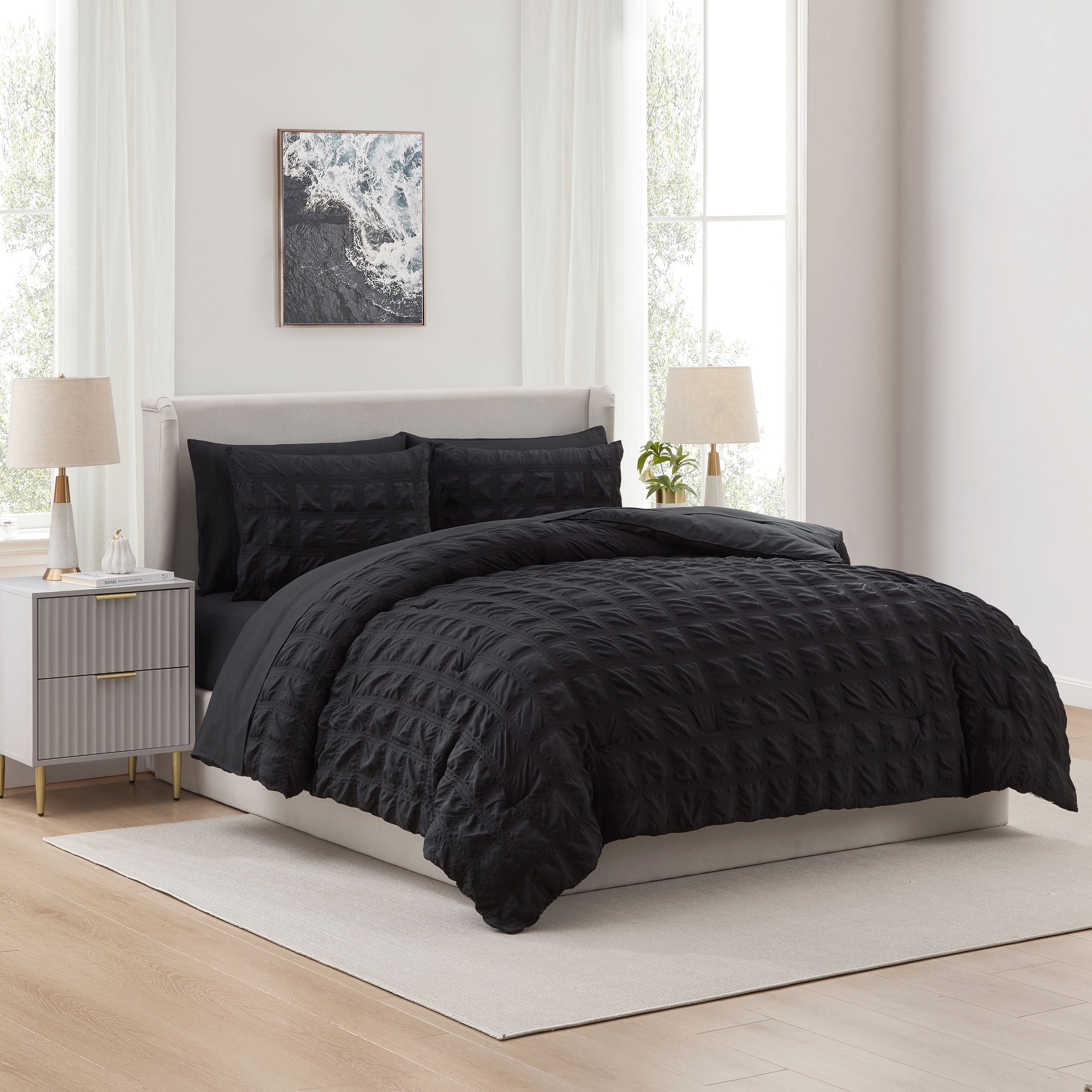 Queen Comforter Set, Seersucker Queen Size Comforter Set, 7-Pc All Season Bedding Comforter Set, Black
