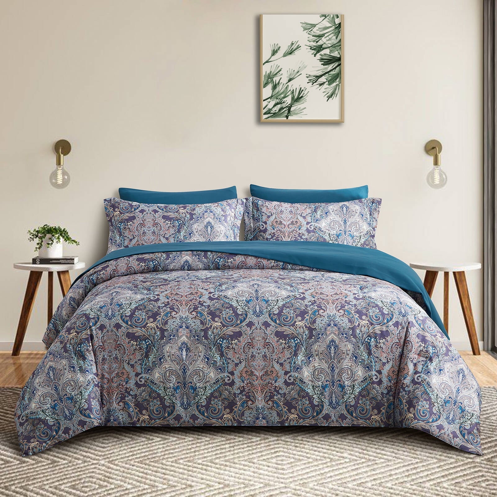 Wajade 7PCS Boho Paisley Print Luxury Comforter Bed in a Bag Set Queen Size, Vintage Floral Medallions Microfiber Bedding Set