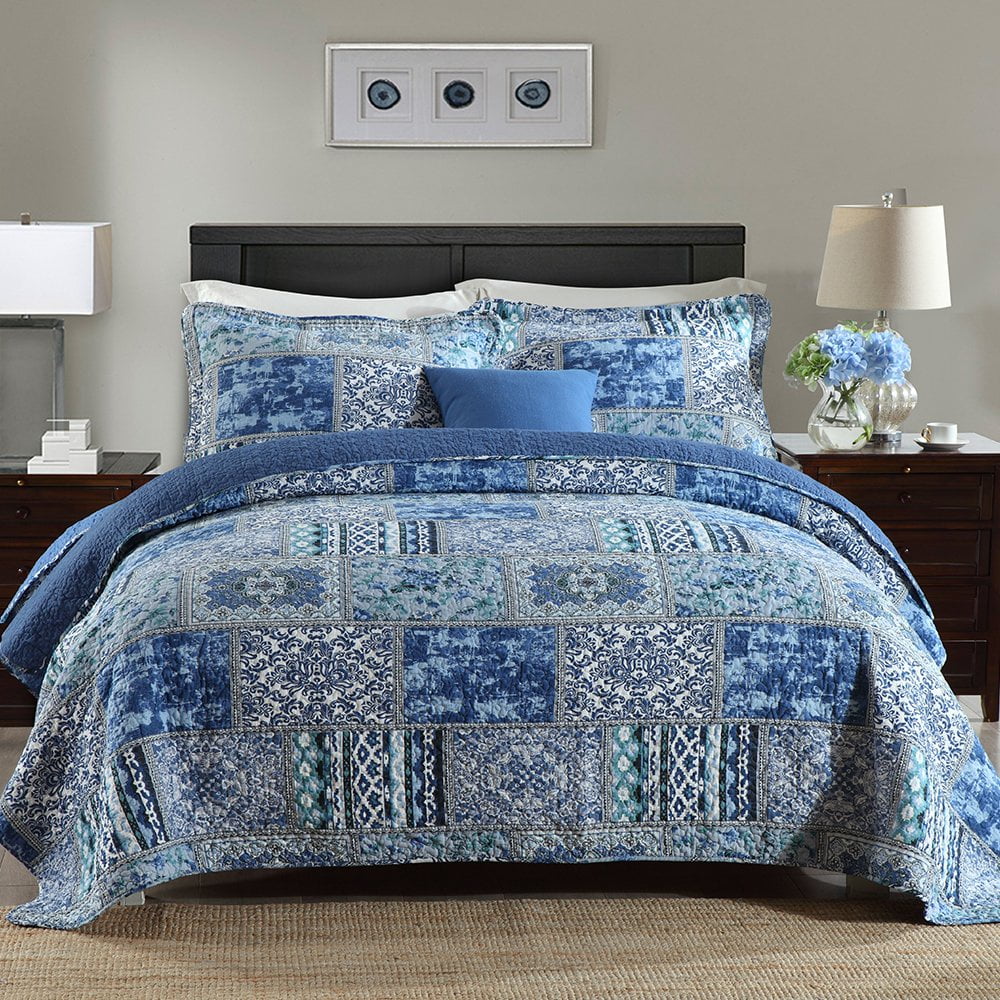 WannaToo Quilt Comforter Cotton Bedding Set With Shams, Vintage Blue, King