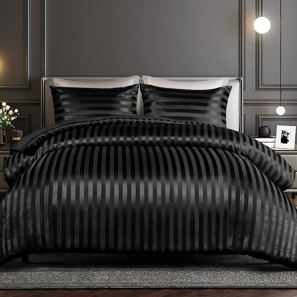 3-Piece Reversible Silky Soft King Size Comforter Set, Luxury Stripe Satin Oversized Comforter Bedding Set with 2 Sat...