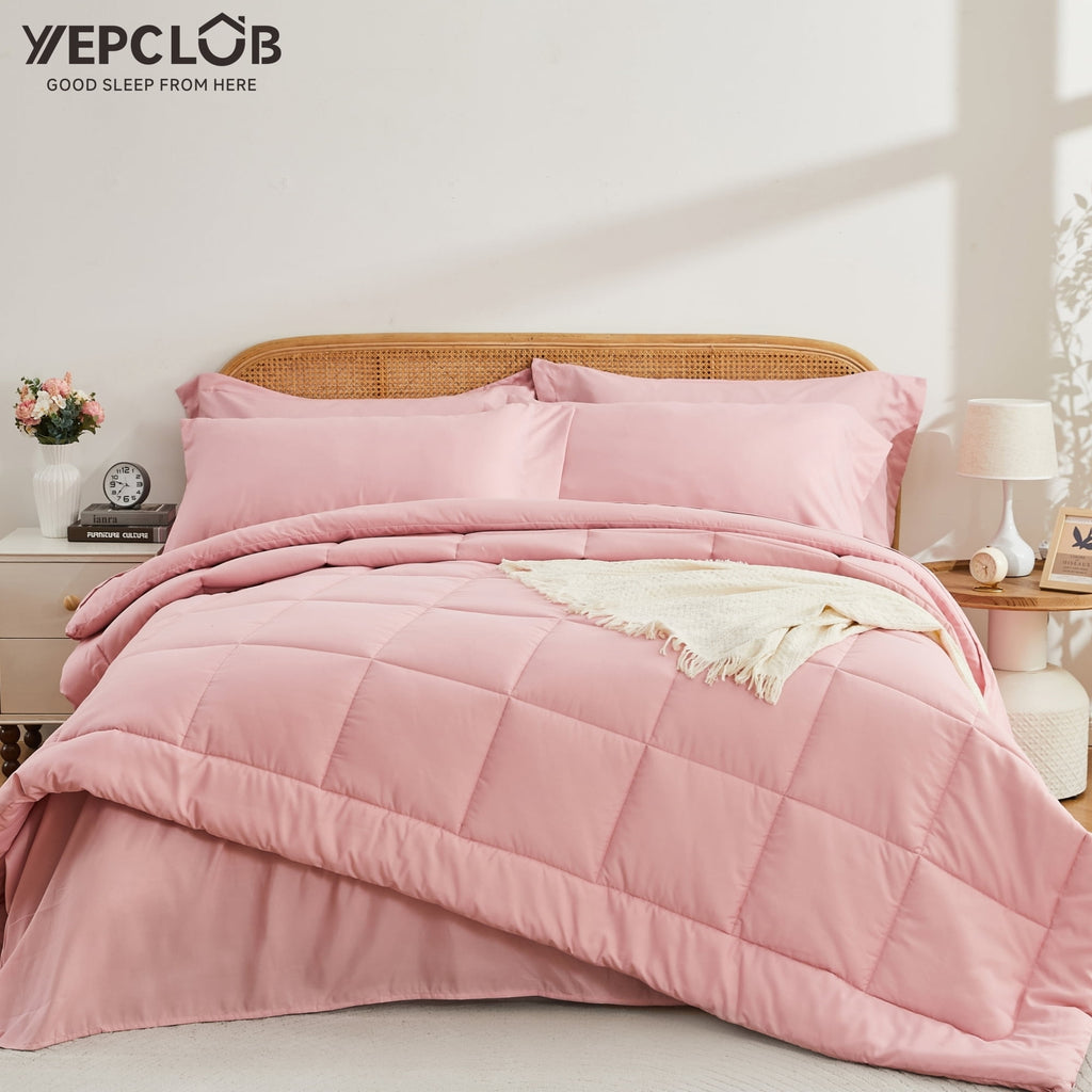 7-Piece Queen Size Comforter Set,Pink Reversible Bed in a Bag,All Season Solid Bedding Set with Sheets,Pillowcases & ...